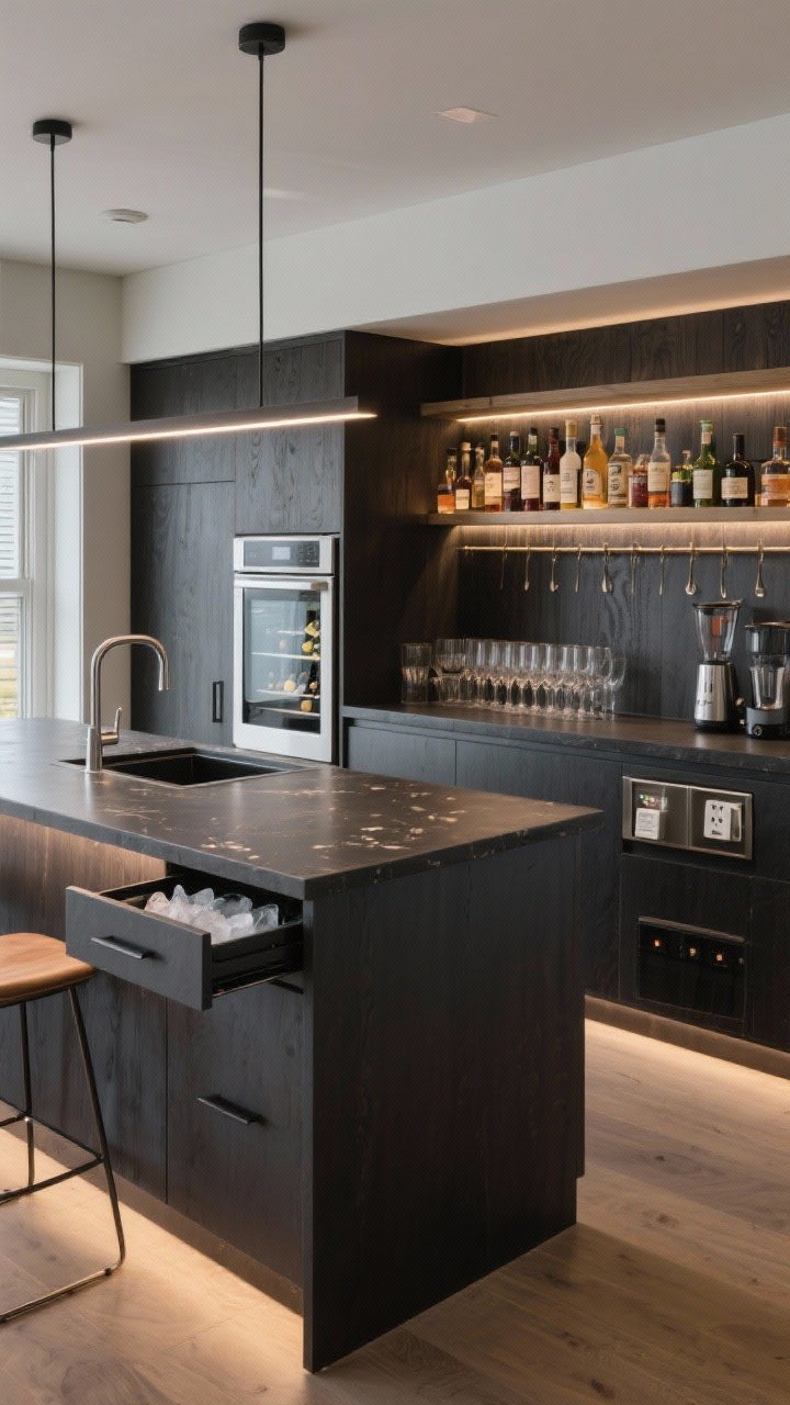 Medium shot — An entertainer’s island doing double duty: kitchen on one side, micro back bar on the other. Show the bar side with a compact sink, a wine fridge, an ice drawer, and glass storage. Add a slim rail for syrups and bitters and a discreet under-counter outlet strip for blenders. Use a dark, durable countertop on the bar face to hide splashes; subtle under-cabinet lighting provides a party-ready glow.