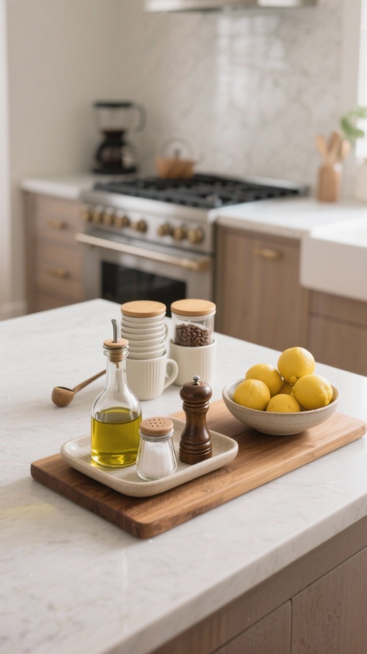 Medium shot, angled: Intentionally styled countertops—by the stove, a small tray holding an olive oil decanter, salt cellar, and pepper mill; a coffee station with matching canisters for beans and sugar, a tidy scoop, and stacked mugs; a shallow bowl of lemons adding color. All items corralled on a warm wooden board base for cohesion. Clean surfaces, balanced negative space, soft morning light.