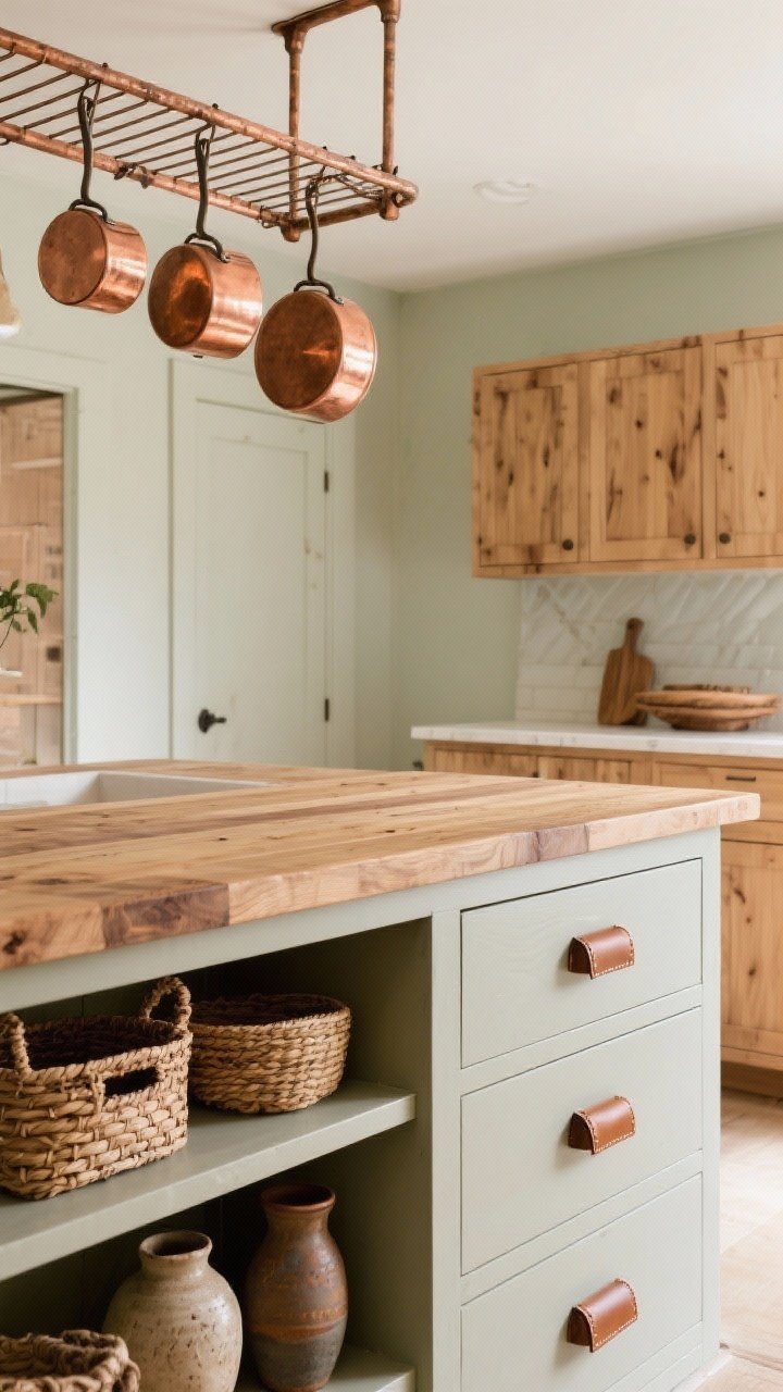 Medium shot: Authentic textures over faux—solid butcher block island top, real wood veneer cabinet panels, matte limewash walls for gentle movement. Tactile accents: woven baskets on a lower shelf, handmade pottery on the counter, and leather pulls on a single drawer stack. One hero element: a real copper pot rack above, catching warm light.