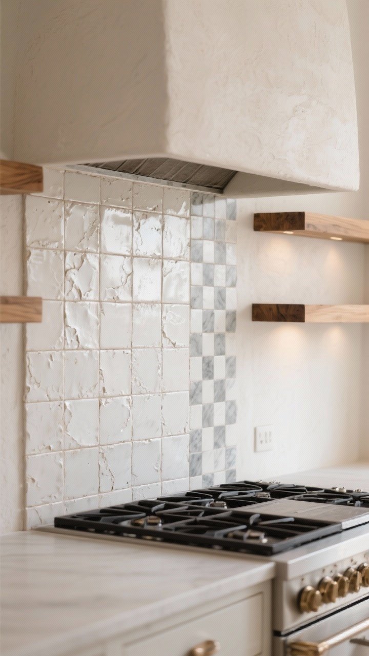 Medium shot: Backsplash feature wall with textured, handmade character—off-white zellige tiles with uneven glaze, laid in a simple grid; alternatively include a section of vertical stack tile as a modern nod, and a quiet checkerboard marble (soft gray and white) accent behind the range. Warm white grout, sealed natural stone. Include warm wood shelves and a pale plaster wall hood nearby. Soft side lighting emphasizing tile texture. Photorealistic, slight angle to reveal sheen variations.