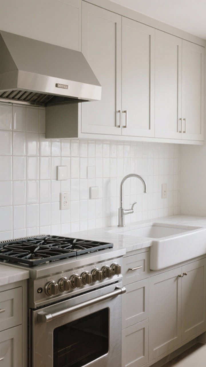 Medium shot: Backsplash focus featuring timeless tile—stacked vertical white subway tiles with matched grout for a quiet look around the range, transitioning to 5x5 subtly varied square tiles near the prep zone. Optional large-format porcelain slab behind the sink for minimal grout lines. Include sealed grout sheen. Neutral cabinetry and balanced, even lighting to showcase layout and scale.