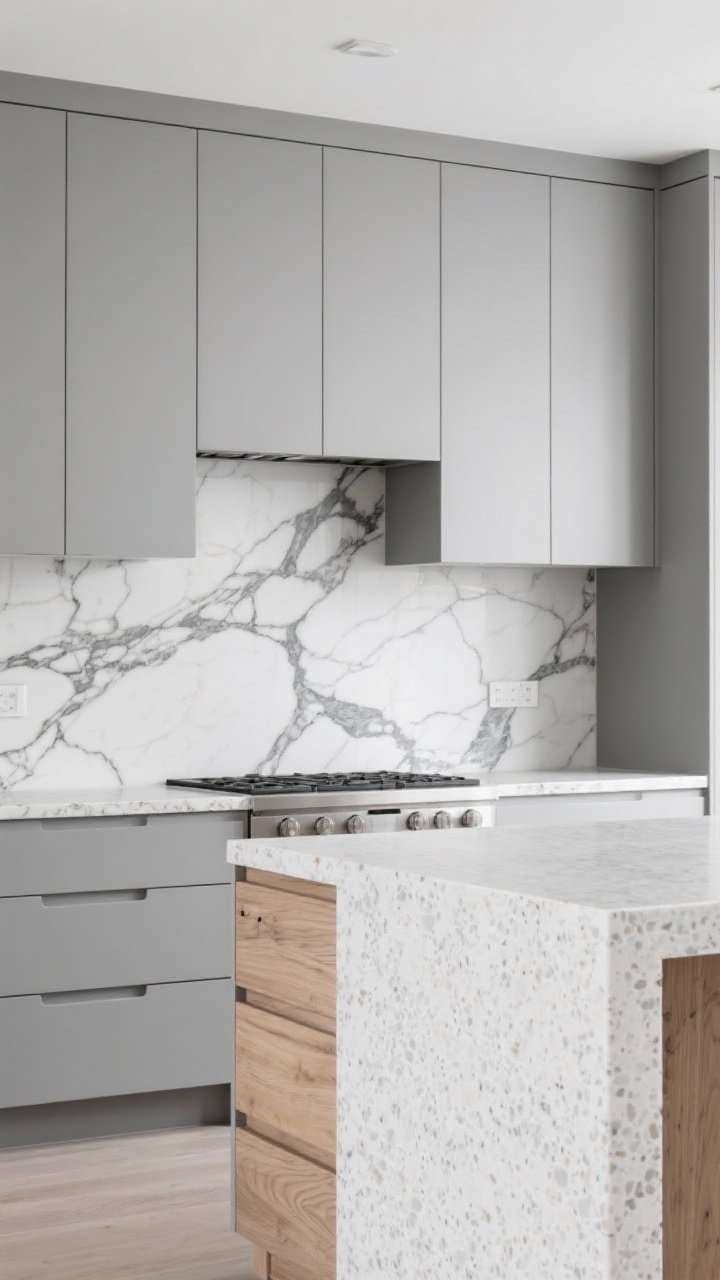 Medium shot: Balanced pattern and plain combo—sleek flat-panel slab cabinets in a smooth solid soft gray finish paired with a marble countertop featuring bold expressive veining; also include a second vignette element on the island: textured white oak drawer front with visible grain paired with a subtly speckled quartz; straight-on view, calm neutral palette, no competing patterns in backsplash.