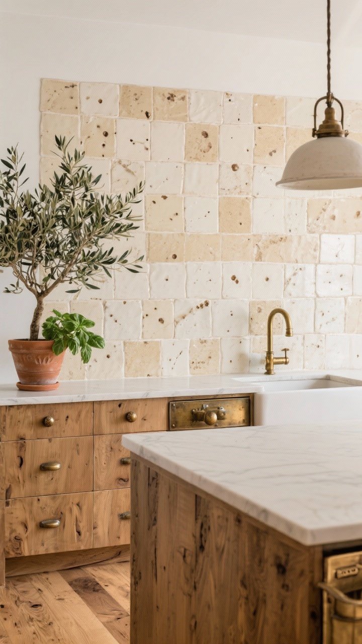 Medium shot: Bonus look—handmade tile backsplash in creamy variations, character-grade oak flooring with visible knots, and mixed hardware (knobs and bin pulls) all in consistent aged brass. An olive tree in a clay pot and a fresh basil plant soften the wood and metal. Balanced natural daylight and a single pendant over the island.