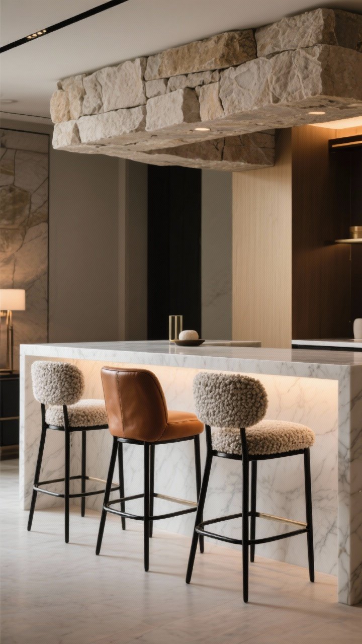 Medium shot: Boutique-hotel-inspired island seating—three sculptural bar stools with boucle-upholstered, backed seats and slim black metal frames set under a stone overhang; one stool in caramel leather mixed among them for texture contrast; warm ambient lighting, clean white quartz countertop, and a minimal vignette on the island; shot from a slight corner angle to show comfort and polish, photorealistic.