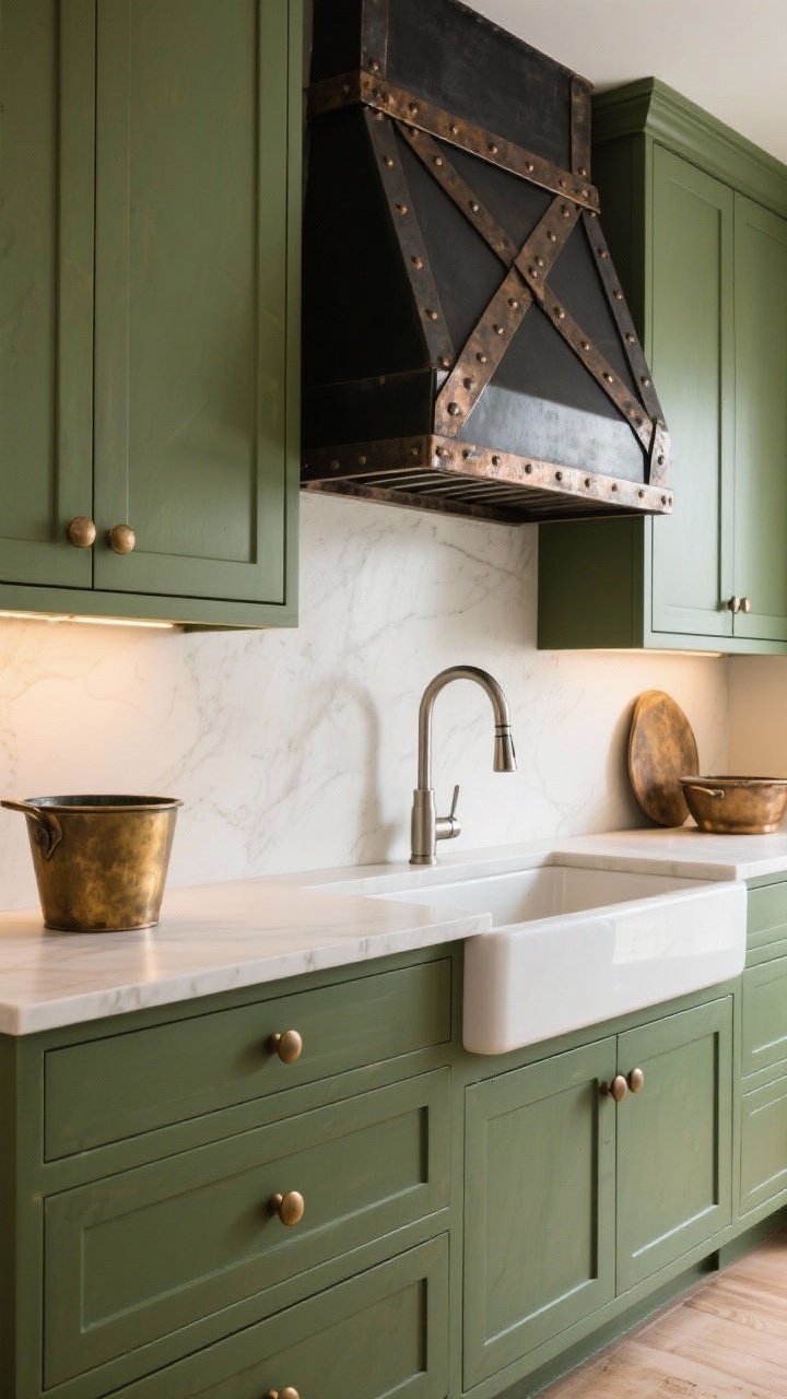 Medium shot: Cabinet wall featuring mixed metals against green cabinetry—aged brass bin pulls on lowers, small round knobs on uppers; a brushed nickel faucet and matching pot filler at a farmhouse sink; a custom range hood with blackened iron strapping and visible rivets for a collected-over-time look; overall low-gloss finishes, warm ambient lighting.