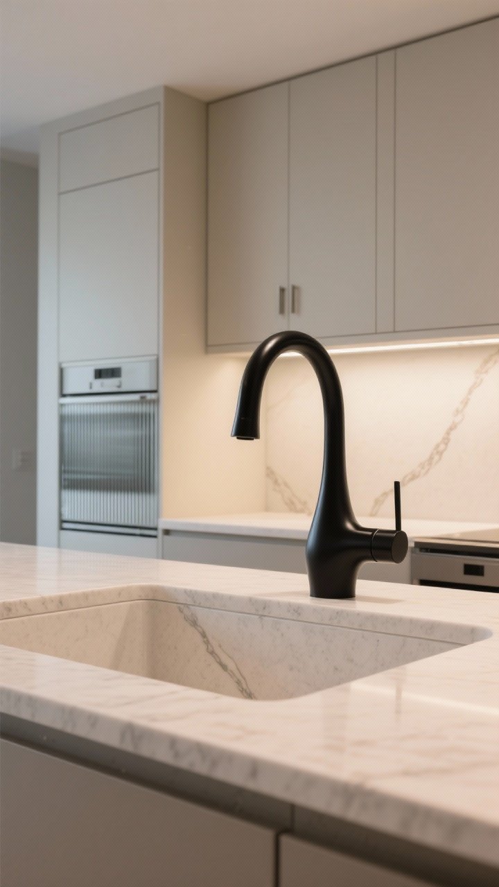 Medium shot centered on one statement feature in a restrained modern kitchen: a sculptural matte black faucet at a light quartz sink, with the rest of the space kept simple—flat-panel light cabinets, minimal hardware, calm palette; optional subtle fluted glass on a single cabinet door or a thin graphic runner on the floor, but only one hero element; soft, warm lighting; straight-on view for emphasis.