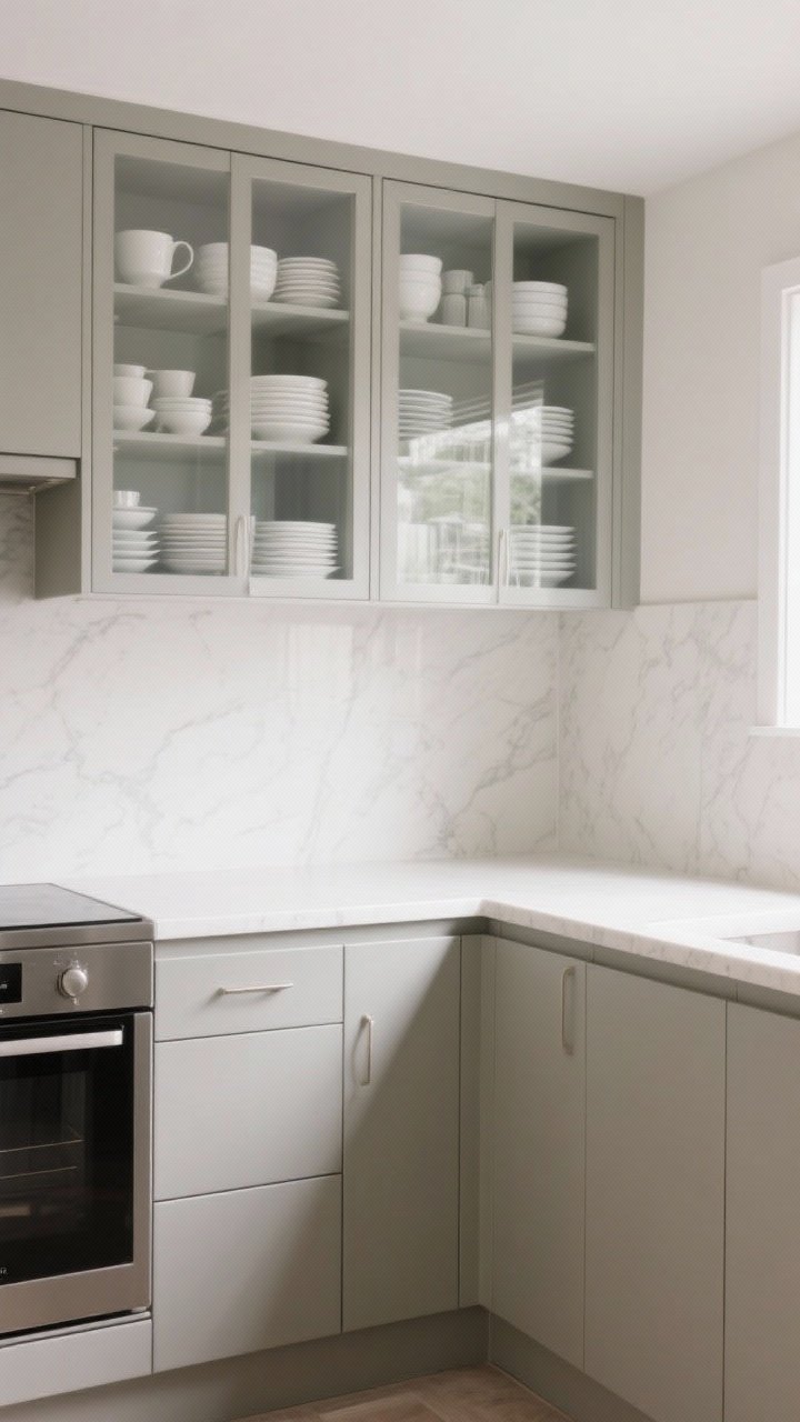 Medium shot: Compact kitchen with greige lower cabinets in satin, light white quartz countertops, and upper cabinets with clear glass doors showcasing neatly arranged white dishes; gentle daylight shows how the greige shifts at different angles, with simple lighting and a cohesive, soft neutral palette that expands the space.