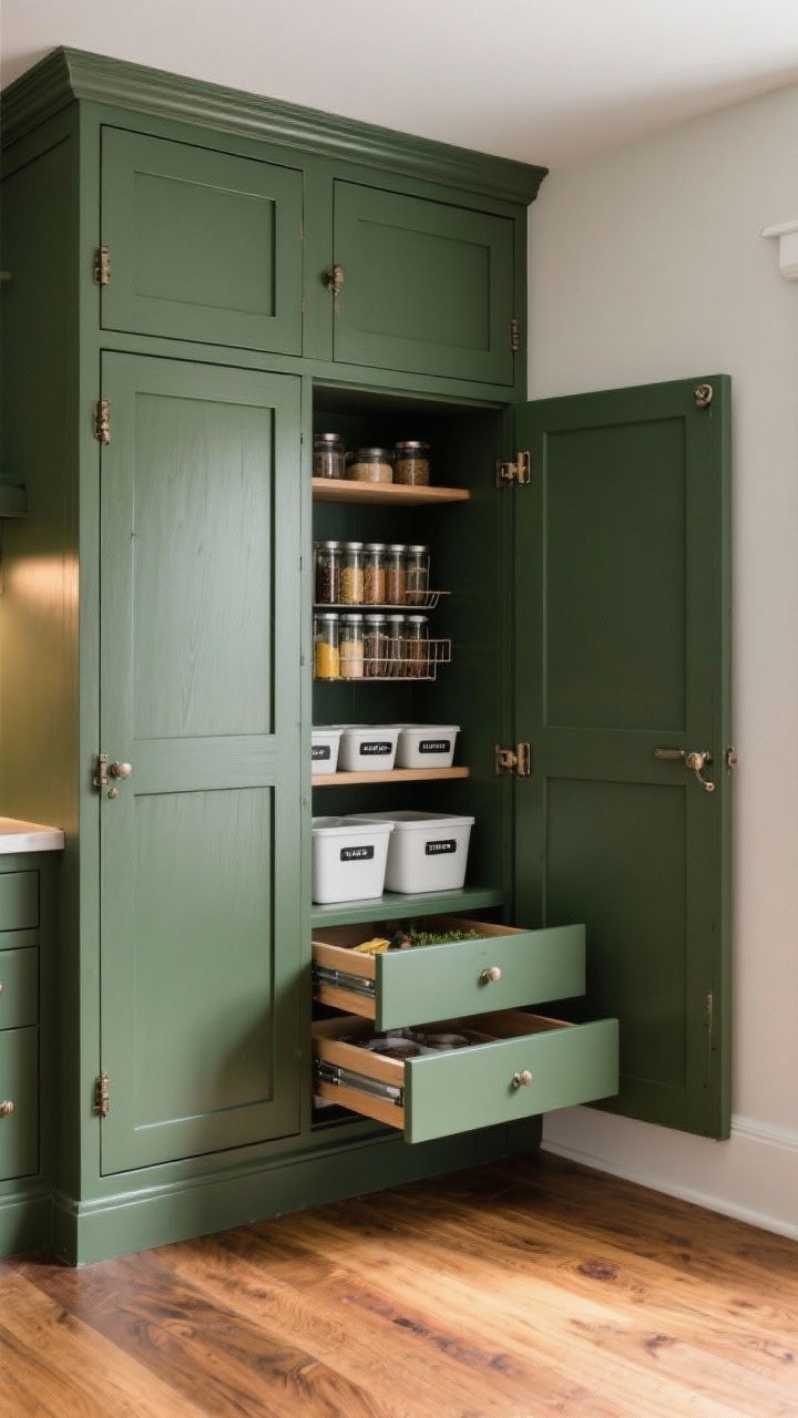 Medium shot, corner angle: A freestanding pantry cabinet with inset shaker paneled doors, exposed hinges for vintage appeal, painted deep olive; doors open to reveal modern organization—pull-out drawers, a built-in spice rack, and neatly labeled bins; warm wood floor beneath; gentle, indirect light enhancing the heritage vibe with contemporary function.
