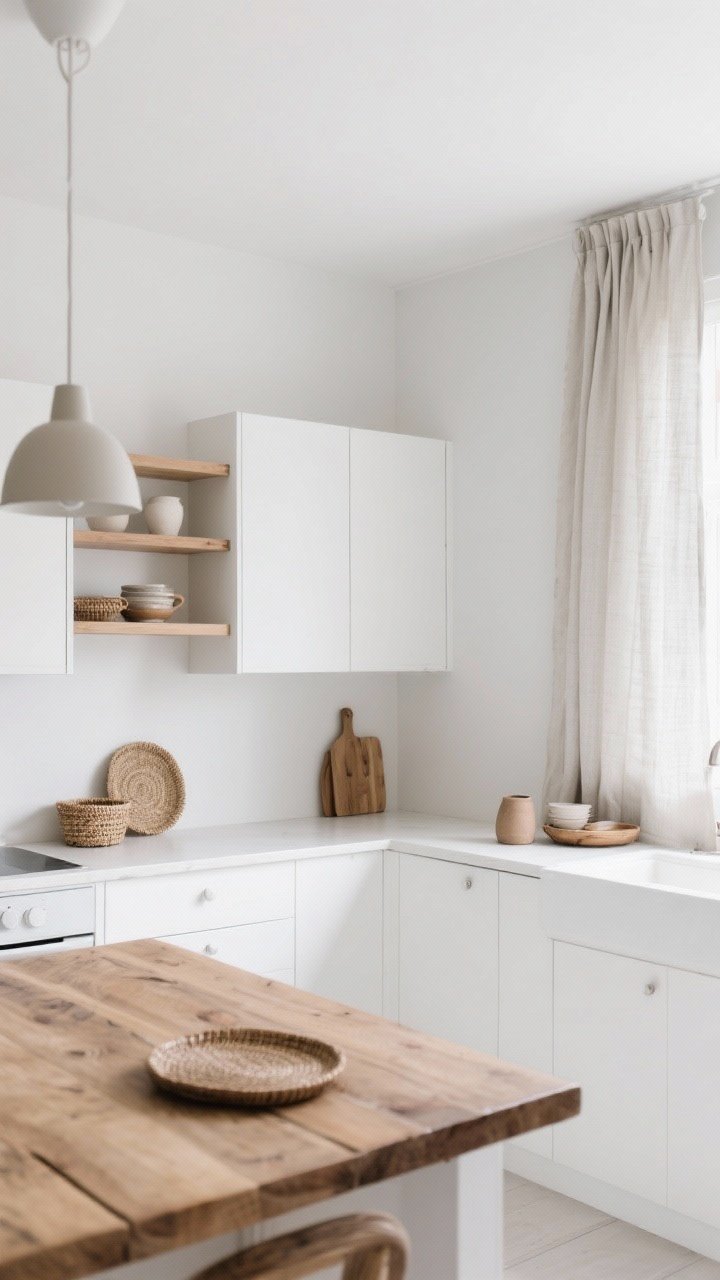 Medium shot, corner angle: A Scandinavian white kitchen with matte white flat-front cabinets, open ash wood shelving, a natural oak butcher-block island top, and soft linen cafe curtains diffusing light. Add ceramic pendant shades, woven trays, and a quiet palette of whites, creams, oat, and pale grey. Minimal visual noise, lots of negative space, calm mood, photorealistic.