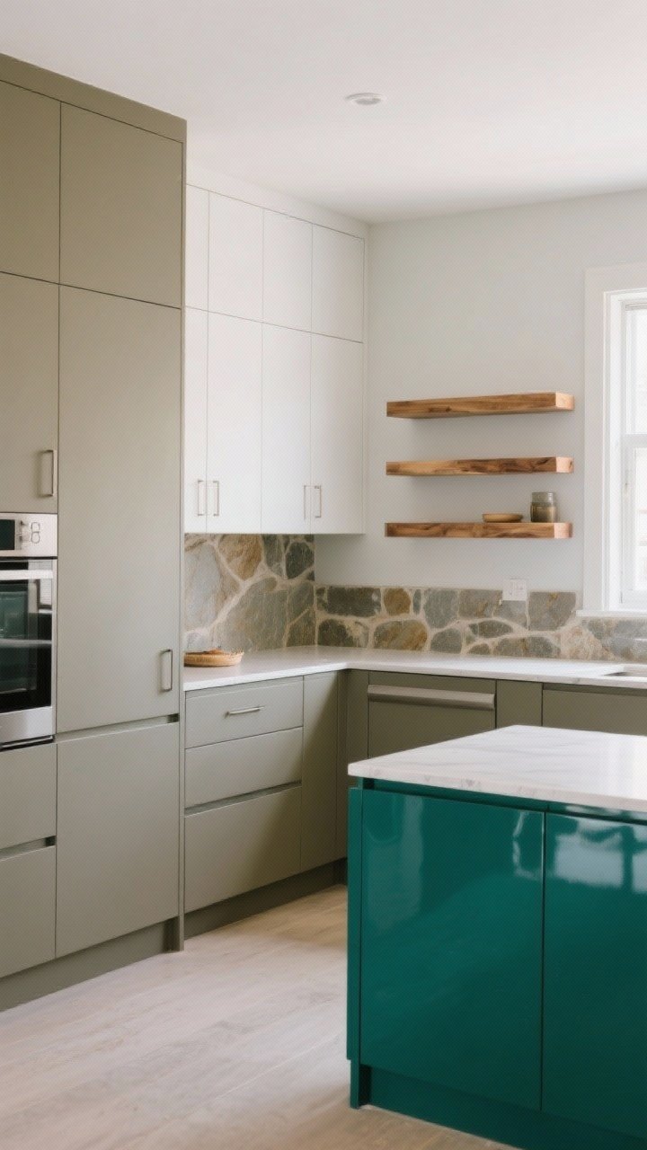 Medium shot, corner angle: Trend-focused kitchen showing matte earth-tone cabinets (greige and sage) paired with natural wood shelves and stone for timeless appeal; clean, modern gloss white upper cabinets on an adjacent wall for urban freshness. Include a bold, ultra-high-gloss primary-colored island panel as a smaller accent to suggest a statement (not dominating the room). Soft daylight, resale-friendly palette overall, no people.