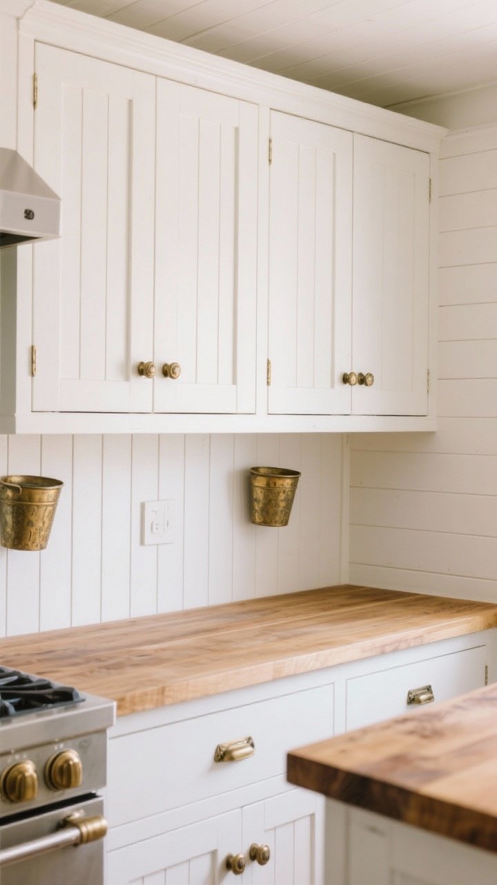 Medium shot: Cottage-style kitchen wall with white beadboard cabinet doors featuring antique brass bin pulls and cup handles; warm butcher block countertops meet a tongue-and-groove backsplash in matching white; soft daylight and a relaxed, coastal-cottage mood; angled view to show the soft vertical grooves and family-friendly character.