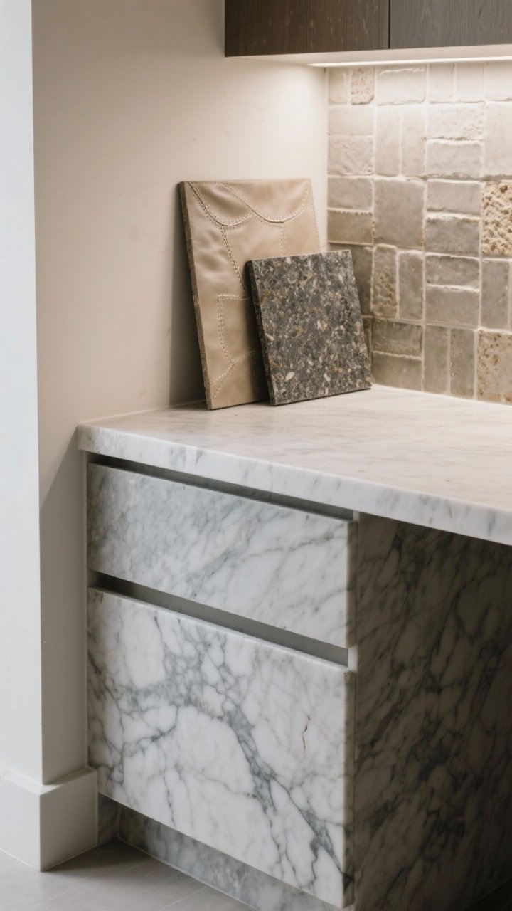 Medium shot: Counter corner featuring a honed marble slab countertop with an eased square edge and modest thickness, paired with a short matching slab riser and handmade-look tile above; leathered granite sample board leaning nearby for context; finishes are honed/leathered with low sheen; soft side lighting to reveal the stone’s organic movement while keeping the profile crisp and modern.