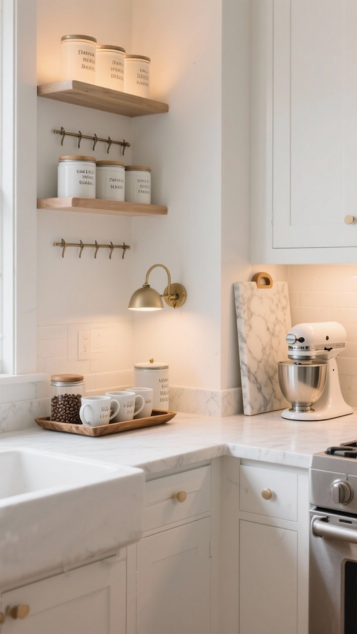 Medium shot creating curated cozy zones in a white kitchen: a coffee corner with a tray holding mugs, a bean canister, and a tiny lamp or wall sconce; a nearby bake station vignette with a marble board, labeled canisters, and a stand mixer on display; vertical storage with a peg rail and slim shelf above for additional warmth. Soft, warm lighting layers, inviting and functional, no people.