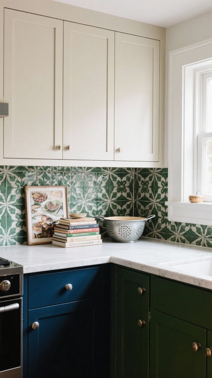 Medium shot: Curated style without clutter—two-tone cabinets with light uppers and richer colored lowers (e.g., deep navy or forest green) grounding the space; a statement backsplash in bold patterned tile acting as art; open shelf with only useful décor: a small stack of cookbooks, a vintage metal colander, and a prettiest mixing bowl; minimal counter accessories; natural daylight; photorealistic.
