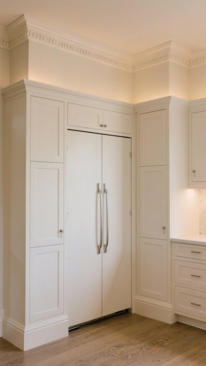 Medium shot: Custom-looking inset white cabinets in a soft white, doors sitting perfectly flush with the frame; concealed hinges, paneled refrigerator, symmetrical layout, and thick crown molding; balanced, designer-grade appearance under warm ambient lighting; corner perspective to accentuate precise shadow lines and millwork.