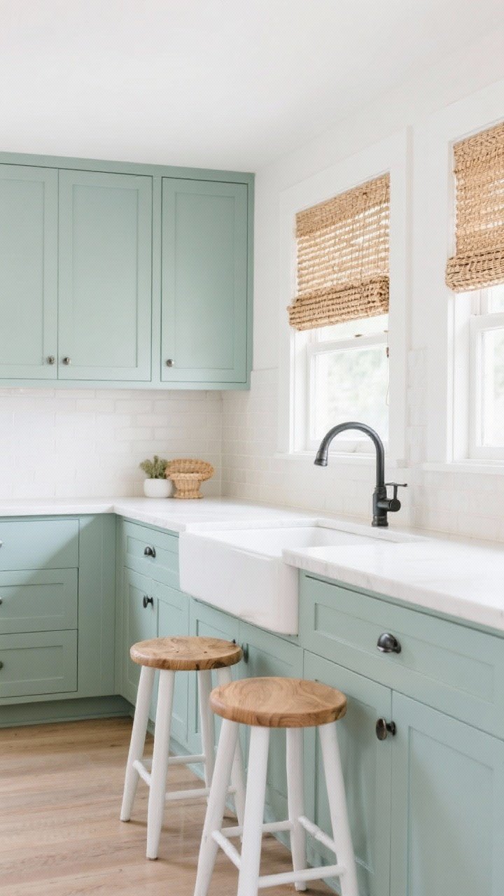 Medium shot: Desaturated, pale teal lower cabinets (BM Quiet Moments or SW Retreat cut 50%) paired with white counters and a neutral, light backsplash; white oak stools and rattan/woven shades lending a relaxed vibe, polished nickel or matte black hardware; photographed straight-on to emphasize openness and gentle color.