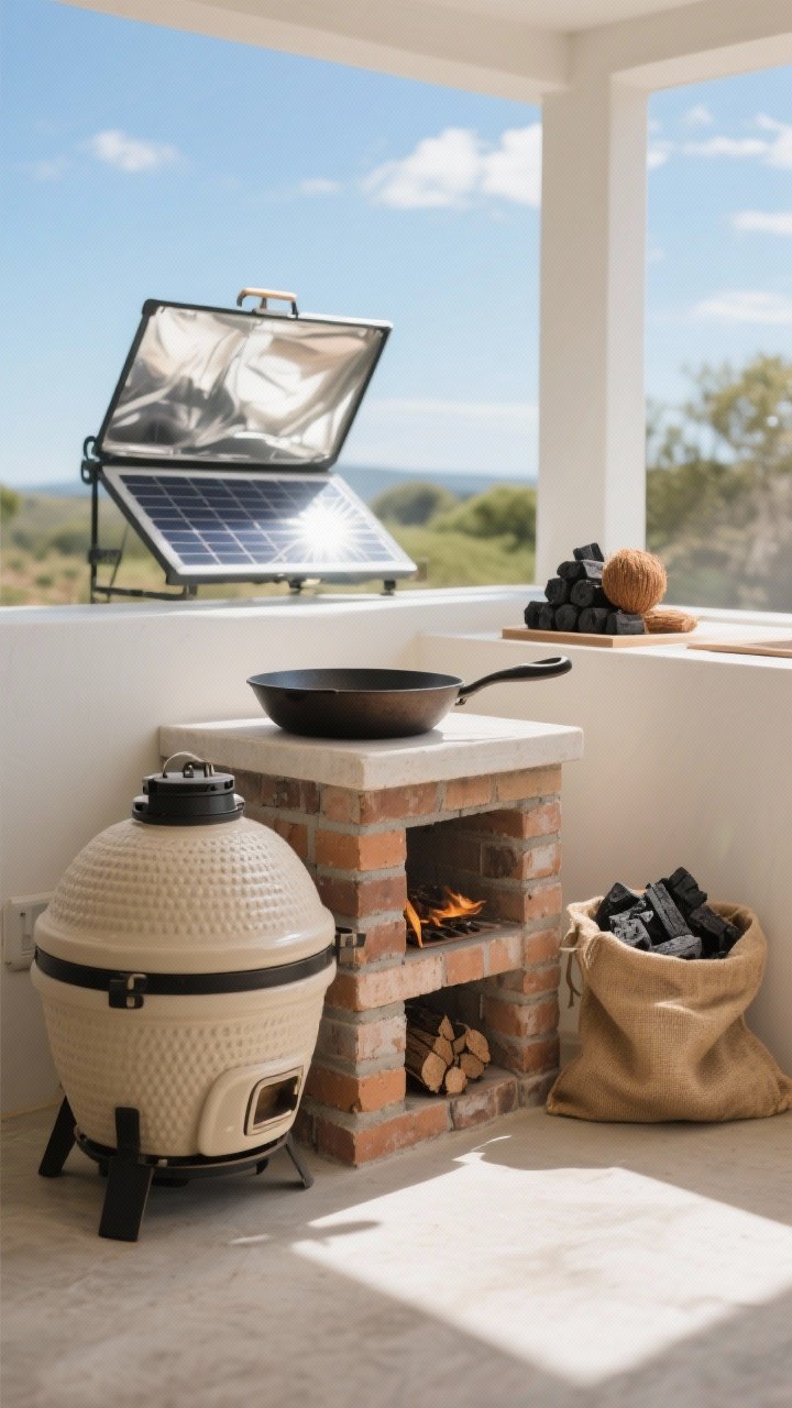 Medium shot: Eco-forward cooking zone featuring a ceramic kamado grill with thick insulated walls beside a compact rocket stove built from bricks, with a cast-iron skillet resting on a side shelf. In the background, a portable solar oven reflects the sky, angled toward the sun. Include a small stack of lump charcoal and coconut-shell briquettes in burlap sacks. Bright mid-day sun, crisp shadows; focus on efficient, low-fume heat sources with clean, functional styling. No people.