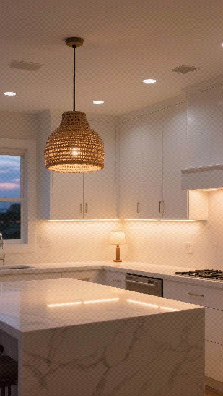 Medium shot emphasizing layered lighting in a white kitchen: dimmer-friendly recessed lights and a statement rattan pendant above the island at 2700–3000K, warm under-cabinet LED strips illuminating the counters, and a small table lamp on the counter for mood. White cabinetry, honed counters, soft glow without glare. Evening scene with warm, cozy illumination, no people.