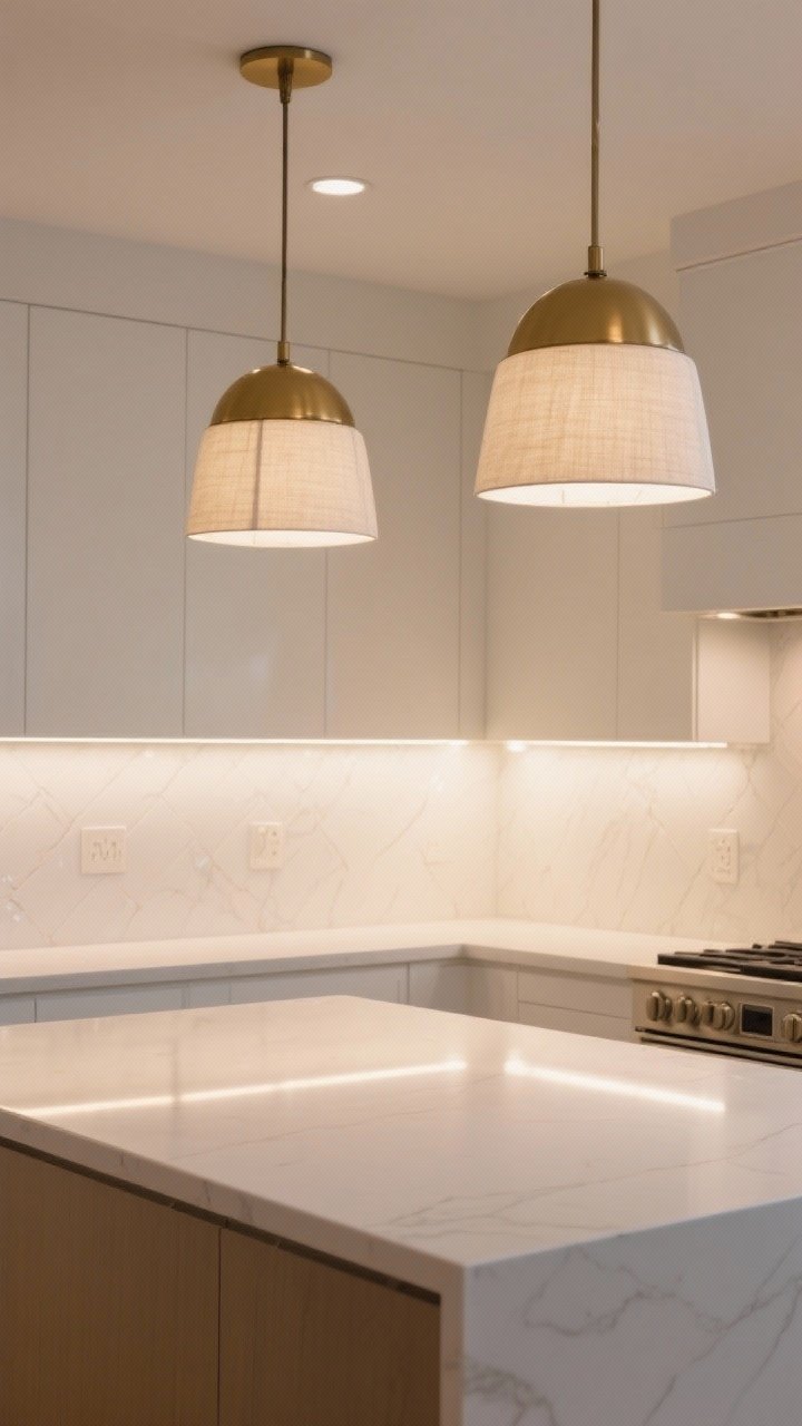 Medium shot emphasizing layered lighting in a white kitchen: warm LED illumination (2700–3000K) throughout, under-cabinet LED strips washing a glossy white backsplash to eliminate shadows, and two statement pendants over the island—choose linen shades or brass domes with frosted glass diffusers; dimmer-friendly ambiance, consistent color temperature, inviting glow; corner angle, photorealistic.
