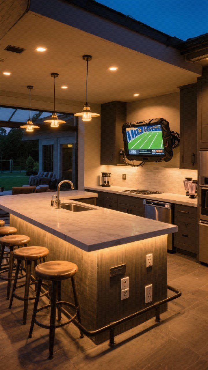 Medium shot — Entertainment-focused covered kitchen showcasing a large U-shaped island with a raised bar on one side and a weatherproof TV at the end on an articulating mount with protective cover. Bar sink and undercounter ice maker within reach of stools, perimeter task lighting and dimmable pendants creating layered illumination. Hidden outlets under the bar lip for blenders. Evening scene with warm, inviting glow, mood: lively, game-day ready.