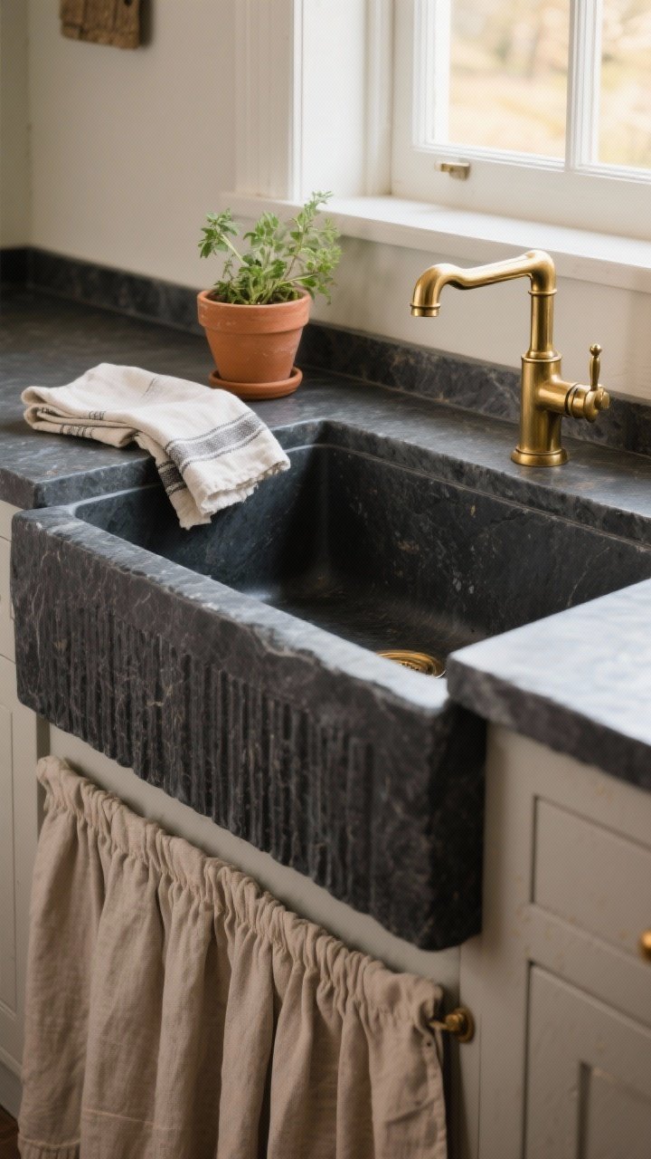 Medium shot focused on a farmhouse apron-front sink in deep charcoal stone with a subtly fluted apron, paired with a shiny brass bridge faucet; wider basin emphasized with surrounding soapstone counters; matte texture of the sink offsets the brass; include a folded linen tea towel and a small terracotta herb pot near the window; warm, diffused daylight from the side, straight-on view, photorealistic.
