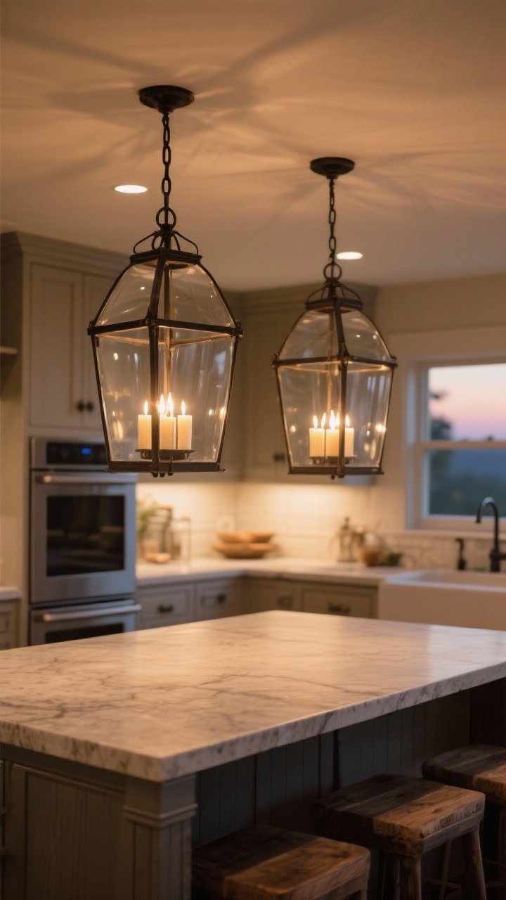 Medium shot focused on a kitchen island with two lantern-style chandeliers overhead; iron frames, clear glass panels, and subtle candle-style bulbs provide an elevated old-world charm; each lantern scaled to about half the island width, set on a dimmer to suggest adjustable mood from prep to evening; include muted natural tones, stone or wood counters, and understated cabinetry; corner-angle view, warm lighting at dusk.