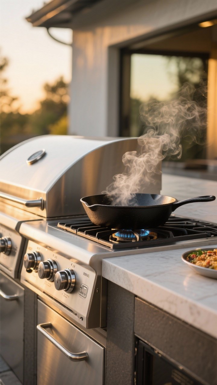 Medium shot focused on a stainless side burner with a lidded design adjacent to the main grill, positioned downwind; a heavy cast-iron skillet on the burner with a gentle simmer, strong BTU control knobs highlighted; optional power burner ring visible for wok/paella use; early evening golden-hour light with faint grill smoke drifting away from the cook zone