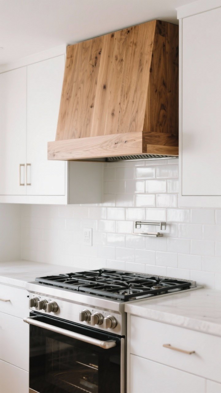 Medium shot focused on a wood range hood mantel bridging a white zellige backsplash and white cabinetry. Show a boxed modern oak hood with clean lines for a Scandinavian look, with a slim shelf detail, proper clearance above a stainless range. Mixed warm and cool whites subtly present. Natural light with a slight highlight on the oak grain; angled perspective from the cooktop to showcase the hood as focal architecture.