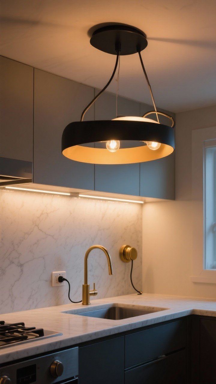 Medium shot focused on layered lighting in a small kitchen: a sculptural semi-flush ceiling fixture with a matte black frame, warm 2700K bulbs casting a soft glow; under-cabinet LED strip lights illuminating a light quartz-look counter; a plug-in brass sconce with a cord cover mounted over the sink; soft evening ambiance with gentle shadows; photorealistic, three-quarter angle capturing the interplay of light layers.
