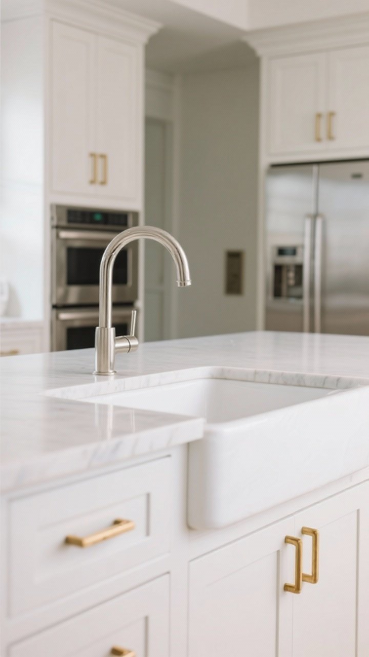 Medium shot focused on mixed metals in a white kitchen: brushed brass cabinet hardware as the dominant finish, a polished nickel bridge faucet at a white sink, stainless steel appliances in the background; keep lighting and faucet in the same polished nickel family for cohesion; soft, even lighting that lets the metals gleam without glare.