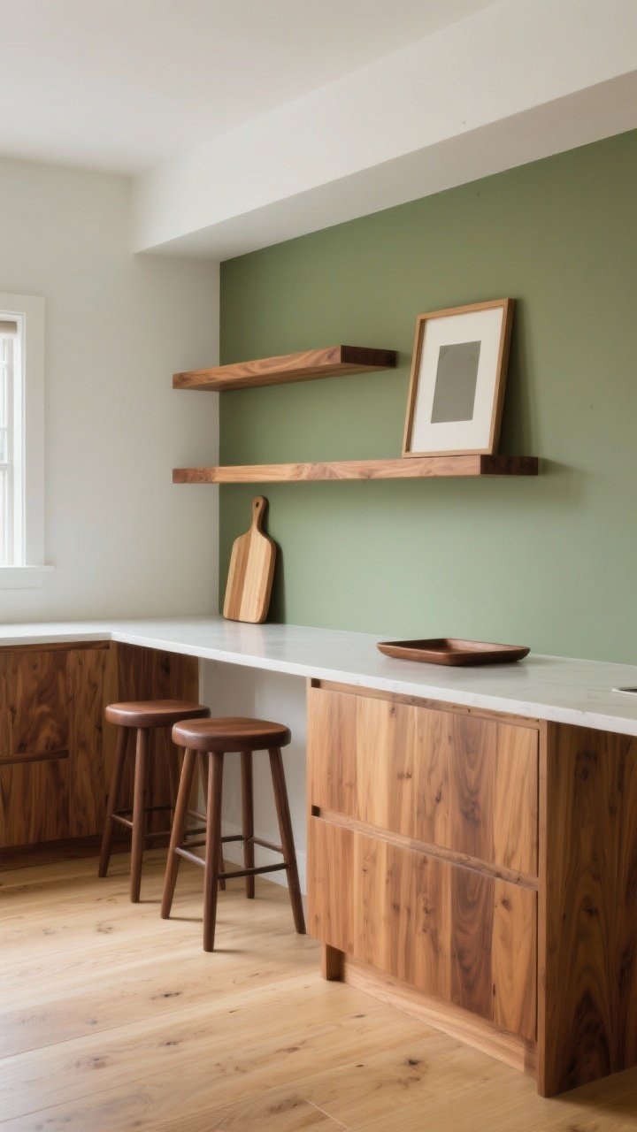 Medium shot focused on mixed wood tones: white oak floors as the anchor, floating warm oak shelves, walnut counter stools, and a maple cutting board on the counter; sage-green wall in the background to show warm undertones; repeated wood tones shown twice each (oak shelves and a frame, walnut stools and a tray); soft, diffused daylight, capturing layered textures and harmonious warm wood undertones.