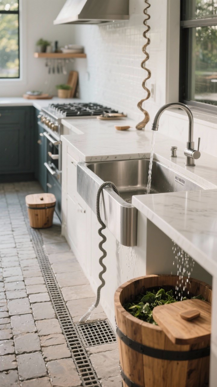 Medium shot focused on water and drainage: a stainless basin sink with a pull-down sprayer, a low-flow faucet labeled at the handle, and a discreet countertop drip groove near the edge. Show permeable paver joints and a slight floor slope away from the cooking area. Include a sculptural rain chain feeding into a wooden rain barrel, and a small compost caddy with a tight lid near the prep zone. Clean, functional vibe, photorealistic.