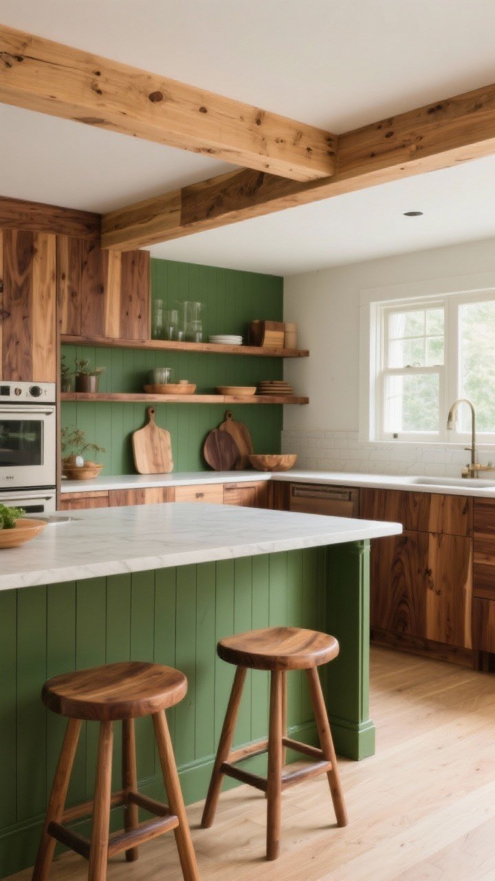 Medium shot focused on wood tones in a green kitchen: warm oak stools at a moss-green island, walnut open shelves, and an ash wood beam detail; match undertones so warm greens pair with oak and walnut; oil-finished woods with visible grain for a hand-rubbed, alive look; side window light enhancing depth and layered wood textures.