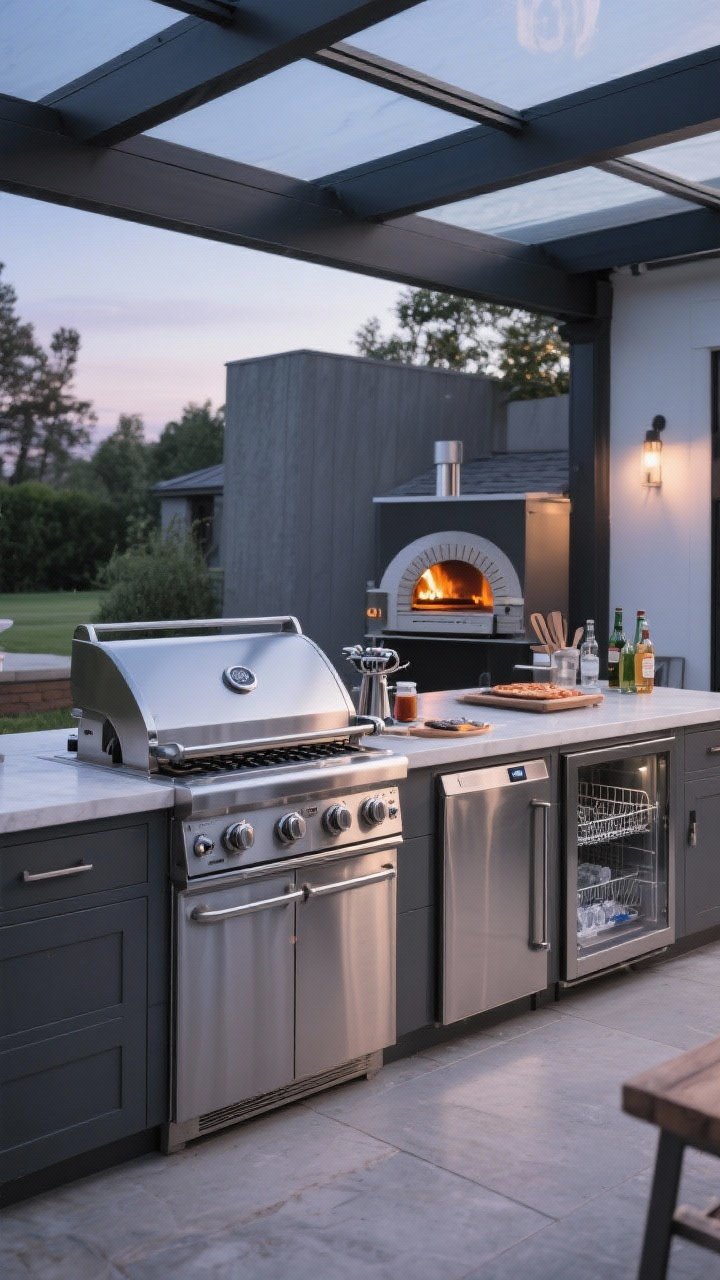 Medium shot focusing on a high-performance outdoor appliance suite: stainless grill paired with a flat-top griddle, a compact pizza oven (gas-fired) with a visible flame window, side burner for sauces, and a beverage center with an outdoor-rated fridge and built-in ice maker; optional outdoor dishwasher panel integrated into cabinetry; practical layout with clear prep and landing zones; clean, durable surfaces and soft twilight lighting for an elevated entertaining mood.