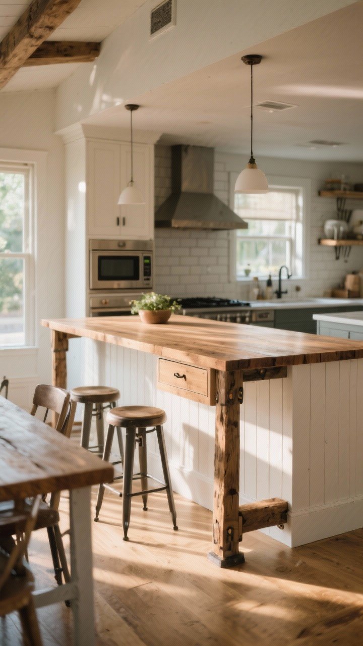 Medium shot focusing on a rustic peninsula that doubles as a gathering spot: peninsula open underneath with leg posts/brackets for an airy feel, beadboard paneling on the back, thin butcher block countertop, perimeter cooking zone visible in background, drawer microwave tucked into the peninsula, two or three backless stools fully tucked under to keep views open; warm morning light, social and functional vibe, photorealistic, angled perspective from the dining side.