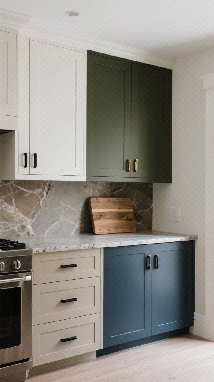 Medium shot focusing on cabinet color story: muted, moody hues like Deep Olive lowers with cream accents, Slate Blue base cabinets with stainless or nickel accents, Mushroom Greige with black hardware, or Almost-Black lowers paired with white uppers; include brass or black hardware that plays with the tones; stone countertop and a touch of natural wood for balance; soft, even daylight that keeps colors rich and grounded, straight-on framing.