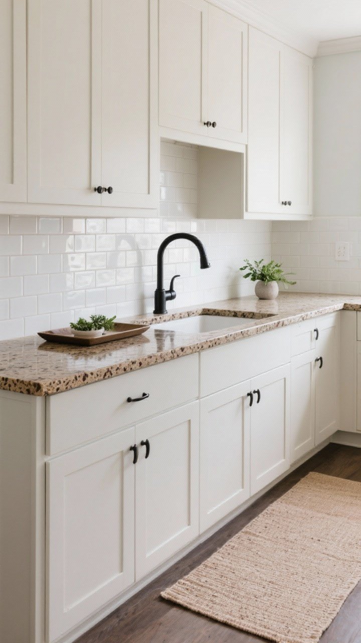 Medium shot focusing on counter and materials: speckled brown granite countertop paired with newly painted crisp light cabinets to calm the pattern; a matte black gooseneck hardware set and a simple white stacked tile backsplash introduce low-sheen texture; a solid-color runner in a muted oatmeal tone grounds the scene; counters minimally styled with one tray and a small plant; soft daylight.