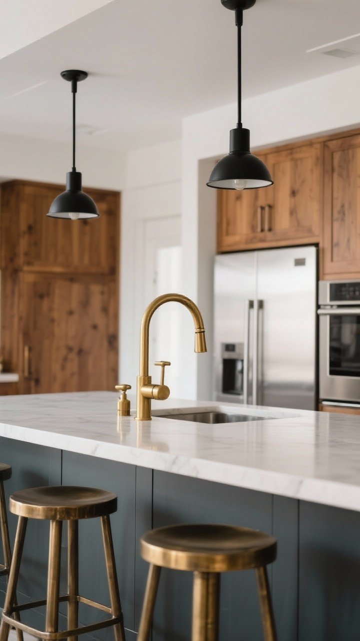 Medium shot focusing on mixed metals: dominant warm brass used for 60–70% of hardware and a bridge faucet, secondary matte black for sconces and barstool frames, with stainless steel appliances in the background. Pair with warm wood cabinetry to keep undertones consistent. Balanced, intentional styling under neutral daylight for true-to-tone metal finishes.