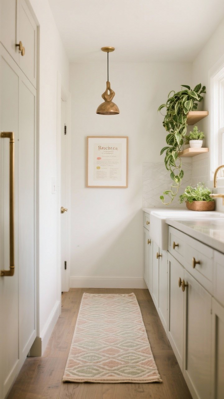 Medium shot focusing on personality without weight: a washable patterned runner in soft muted tones along the galley floor, slim-framed art with a softly colored recipe on a small wall, coordinated brushed brass hardware on pale cabinets, and a trailing pothos plant on a high shelf with a petite herb garden on the sill. One tasteful bold moment—a small sculptural pendant—while the rest stays calm in a light palette. Warm, soft lighting, straight-on composition.
