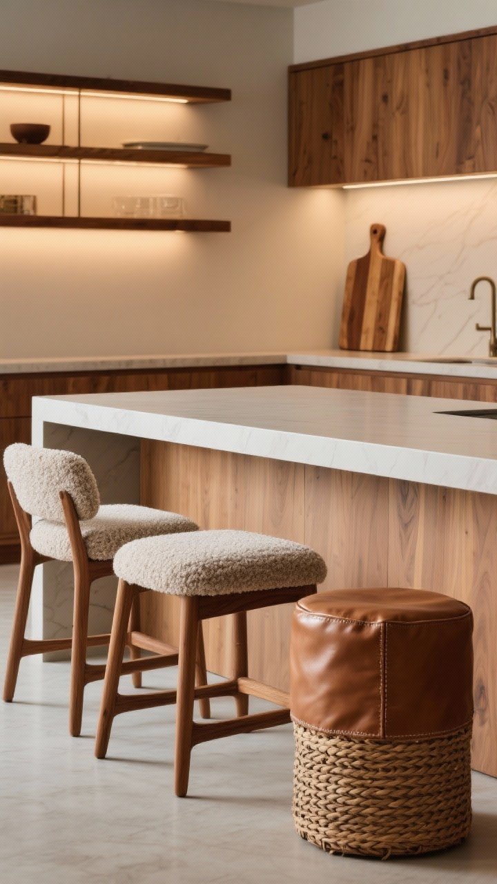Medium shot focusing on seating: An island overhang of 12–15 inches with three lounge-like stools—boucle upholstered seats, warm wood frames with low-slung backs, and one woven leather stool mixed in for personality; performance fabric/faux leather textures visible; coordinated wood tones echoed on open shelves and a cutting board; warm ambient lighting that invites gathering, no people, photorealistic.