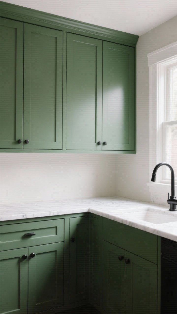 Medium shot focusing on slim Shaker cabinets with narrow rails painted deep green, crisp bright white quartz countertop, simple black satin bar hardware, and a subtle greige wall; include a modern faucet and minimal styling, soft daylight from a side window, transitional yet modern vibe, photorealistic