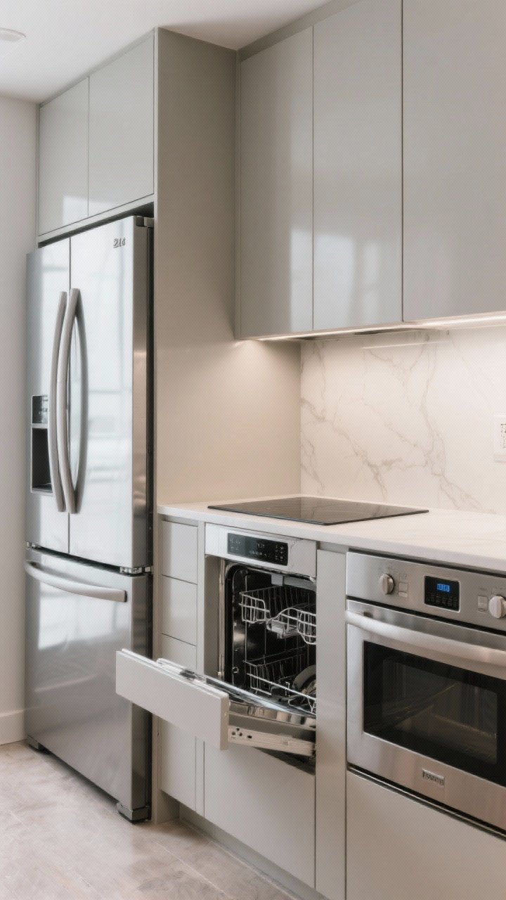 Medium shot focusing on slimmer appliances in a tight one-wall kitchen: a counter-depth French door refrigerator flush with cabinets, a 24-inch panel-ready dishwasher blending with cabinetry, a compact induction cooktop with sleek black glass, and a microwave drawer integrated into the lower cabinets; appliance panels match the soft greige cabinets for a calm, cohesive look; subtle reflections from task lighting, uncluttered surfaces.