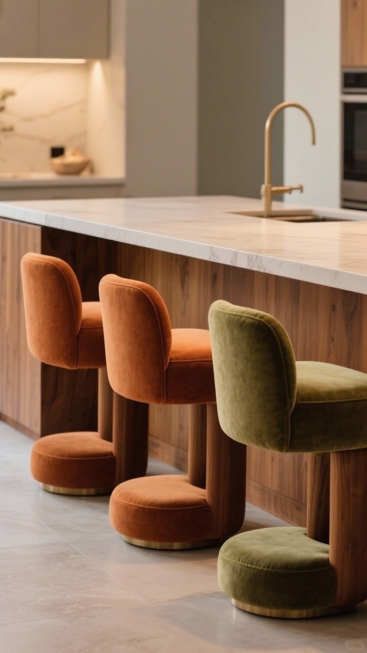 Medium shot focusing on soft seating at the island: three upholstered counter stools with curved backs in performance fabric, earthy terracotta and olive cushions, built-in footrests, and a warm wood island base; soft, inviting lighting that highlights the rounded silhouettes and cozy textures; no people, photorealistic.
