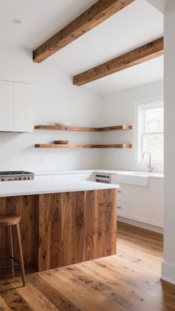 Medium shot focusing on strategic wood accents in a white kitchen: medium-toned oak flooring, floating warm-stained wood open shelves with minimal styling, a wood-base island topped with a white countertop, and simple ceiling beams; balanced natural light for a welcoming feel; angled corner perspective emphasizing contrast between white and warm wood.