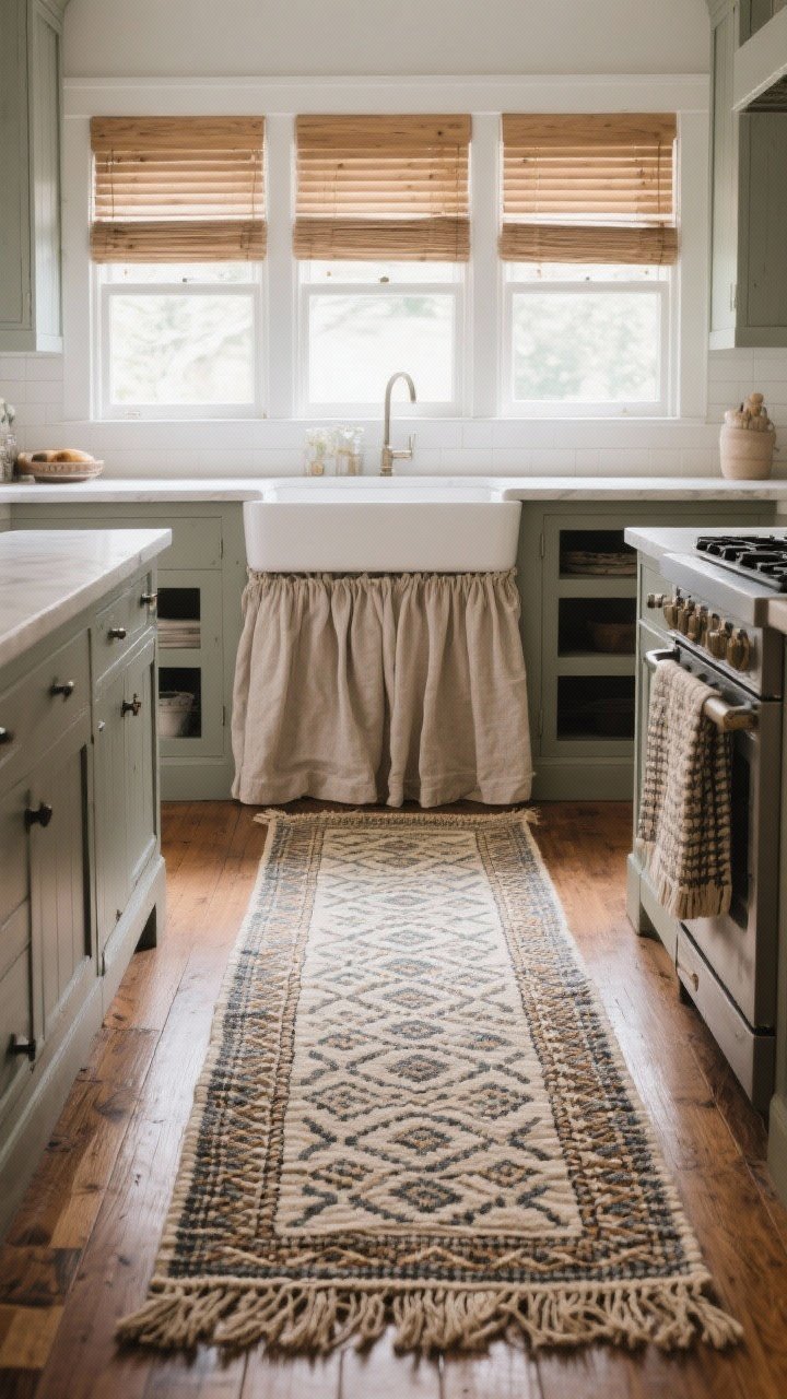 Medium shot focusing on textiles: a washable vintage-style patterned runner rug on hardwood kitchen floors, with woven wood window shades mounted high to elongate the window and soft linen roman layered inside; natural daylight filtering through textures; optional sink skirt in a simple neutral fabric concealing open storage; emphasize softening of hard surfaces through pattern, weave, and fabric drape.