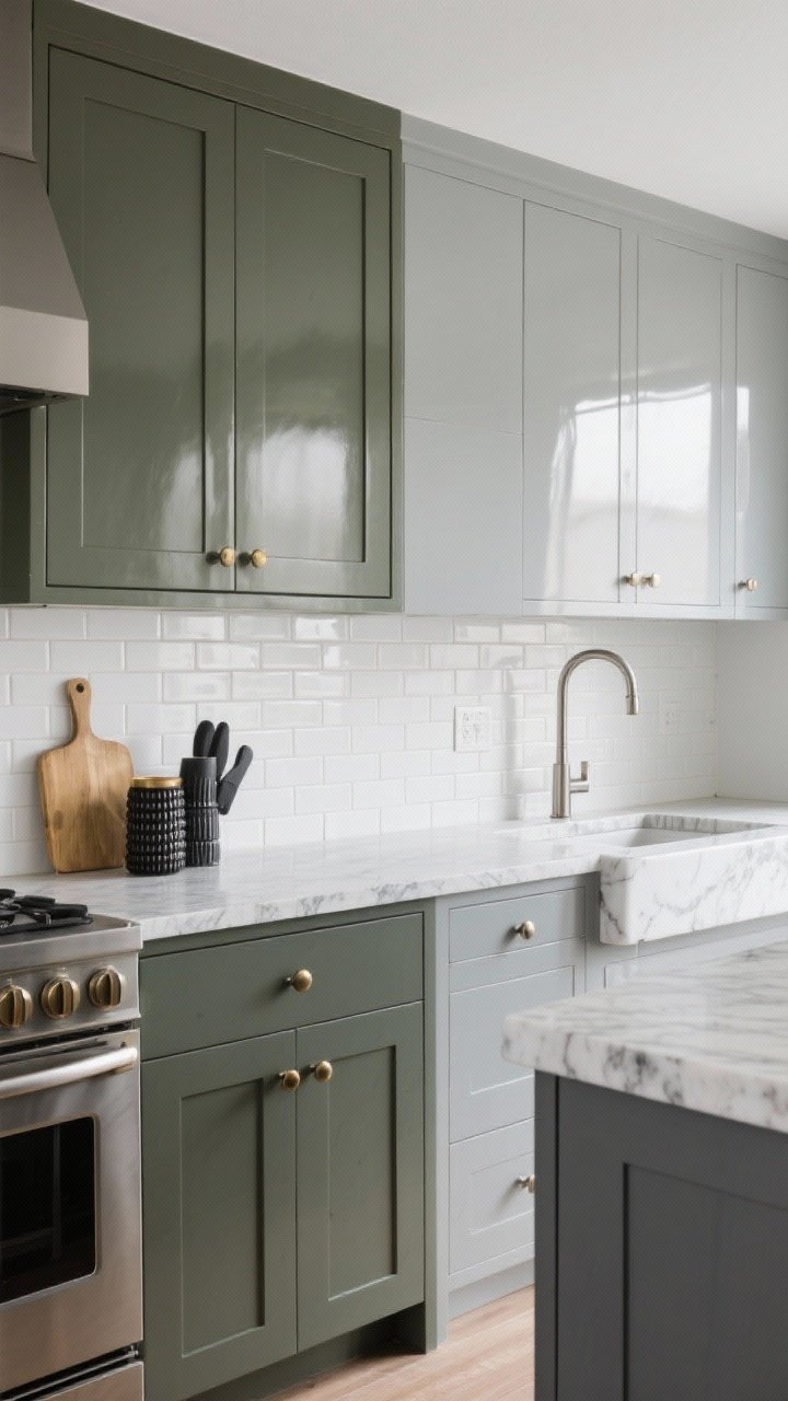Medium shot from a 45-degree angle: Two styled kitchen vignettes side by side. Matte vignette: matte sage or charcoal cabinets, glossy white subway or zellige backsplash for contrast, honed stone countertop, brushed brass and matte black knurled hardware, tactile textures. Gloss vignette: glossy pale gray cabinets, satin or matte backsplash tile, polished marble or quartz waterfall island, polished chrome sleek pulls. Subtle mixed-sheen example: matte lowers with gloss uppers in the background.