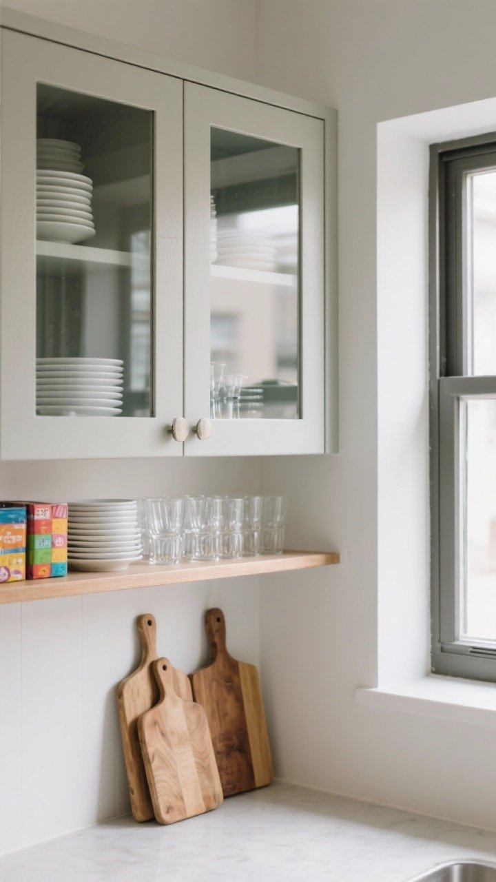 Medium shot from a corner angle: A compact kitchen wall featuring two glass-front cabinet doors and a short run of open shelves; shelves styled with tidy stacks of white plates, rows of clear glasses, and a few warm wood cutting boards; colorful packaging hidden behind adjacent solid cabinet doors; a single open shelf crossing in front of a window, allowing daylight to pass through glassware; clean, uncluttered, light-bouncing scene.