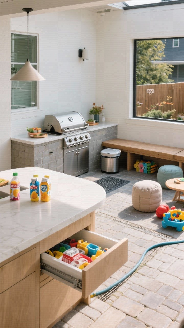 Medium shot from a corner angle: Family-first prep-and-play zone with a defined “no-go” cooking area around the grill, non-slip pavers, and rounded-edge counters; a lower counter section for kid helpers with a built-in cooler drawer for juice boxes; adjacent bench seating with poufs and a lidded bin tucked underneath for toy storage; hose-friendly surfaces and clear pathways; bright, practical daylight.