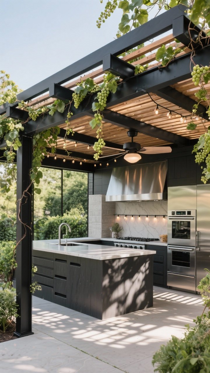 Medium shot from a corner angle: modern pergola pavilion with black steel beams and cedar rafters casting dappled shadows, grapevines trained over the slats, weather-rated stainless appliances beneath, integrated string lights and a ceiling fan under the pergola, filtered daylight creating patterned light on surfaces, sleek counters with proper ventilation gaps, lush greenery softening the structure, luxe yet relaxed feel, photorealistic, no people.