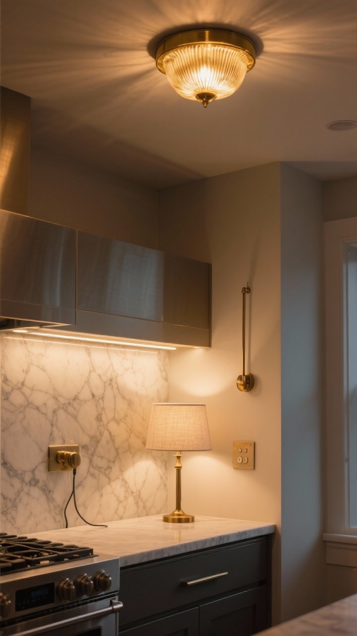Medium shot from a corner angle showcasing layered kitchen lighting: a statement semi-flush brass fixture on the ceiling for ambient light, warm 2700K glow; plug-in under-cabinet LED strips illuminating a marble backsplash for task lighting; a small table lamp with a linen shade on the countertop for accent warmth. Include a dimmer switch on the wall and matching metal finishes across fixtures. Evening cozy mood with soft pools of light; photorealistic.